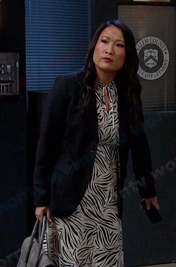 Melinda’s white printed tie neck dress on Days of our Lives