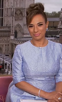 Michelle Miller’s light blue jacquard dress on CBS Mornings