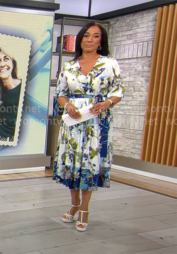 Michelle Miller’s blue floral dress on CBS Saturday Morning