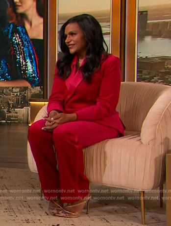 Mindy Kaling’s pink velvet blazer and pants on The Drew Barrymore Show
