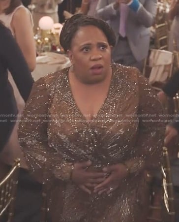 Miranda’s brown bead-embellish dress on Greys Anatomy