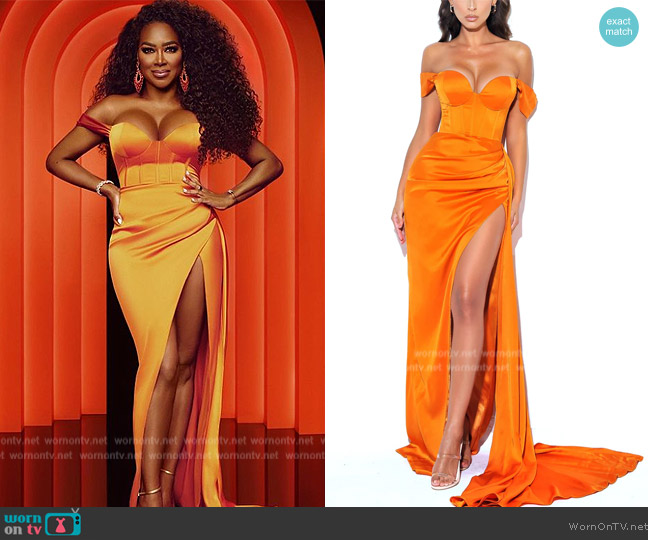 Miss Circle Zayda Orange High Slit Corset Satin Gown worn by Kenya Moore on The Real Housewives of Atlanta