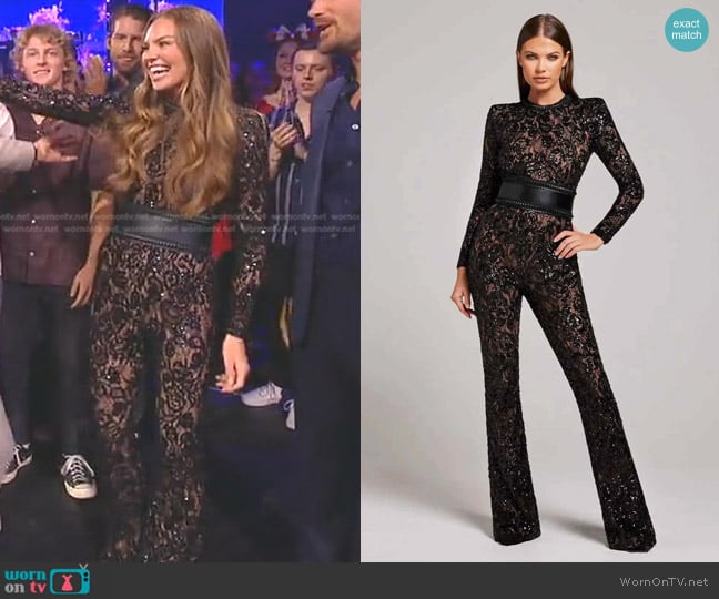 Nadine Merabi Bella Jumpsuit in black worn by Hannah Brown on American Idol