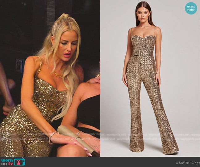 Nadine Merabi Lucinda Gold Jumpsuit worn by Emma Hernan on Selling Sunset