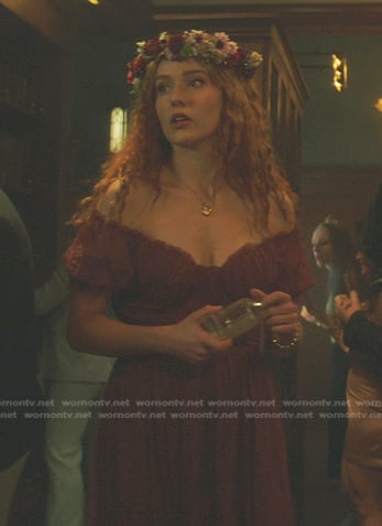 Nancy’s red lace off-shoulder dress on Nancy Drew