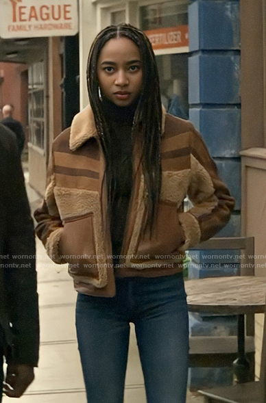 Natalie’s brown sherpa and leather jacket on Superman and Lois