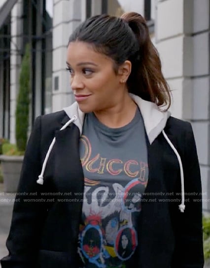 Nell’s Queen graphic tee and hoodie blazer on Not Dead Yet