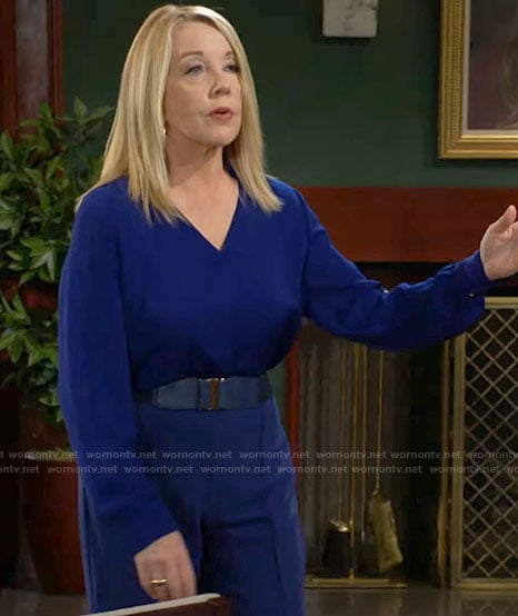 Nikki’s blue v-neck blouse and trousers on The Young and the Restless
