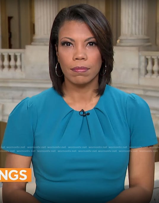 Nikole Killion’s teal pleated neckline dress on CBS Mornings