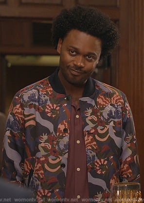 Noah’s printed bomber jacket on Grand Crew