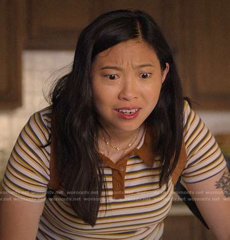 Nora’s striped polo top on Awkwafina is Nora From Queens