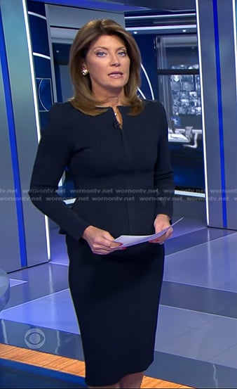 Norah’s navy peplum jacket on CBS Evening News