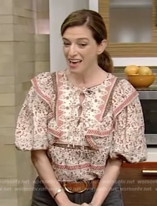 Pati Jinich’s printed short sleeve ruffle top on Live with Kelly and Mark