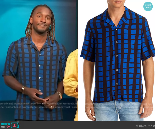 Paul Smith Navy & Blue Geo Box Print Camp Shirt worn by Scott Evans on Access Hollywood