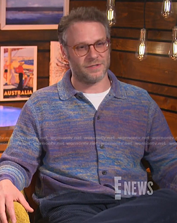Seth Rogen’s purple space dye cardigan on E! News