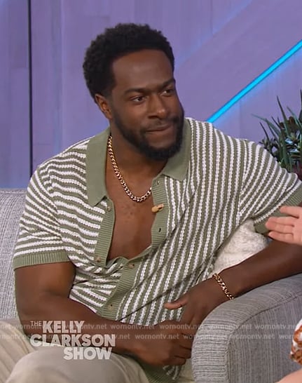 Quentin Plair’s green stripe knit button down shirt on The Kelly Clarkson Show