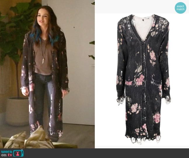 R13 Floral print distressed mid-length cardigan worn by Khione (Danielle Panabaker) on The Flash