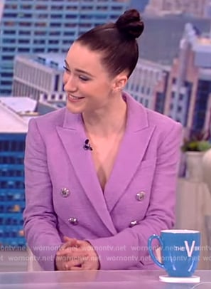 Rachel Brosnahan’s lilac double breasted blazer on The View