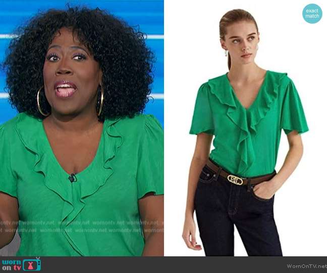 Ralph Lauren Ruffle-Trim Slub Jersey T-Shirt worn by Sheryl Underwood on The Talk