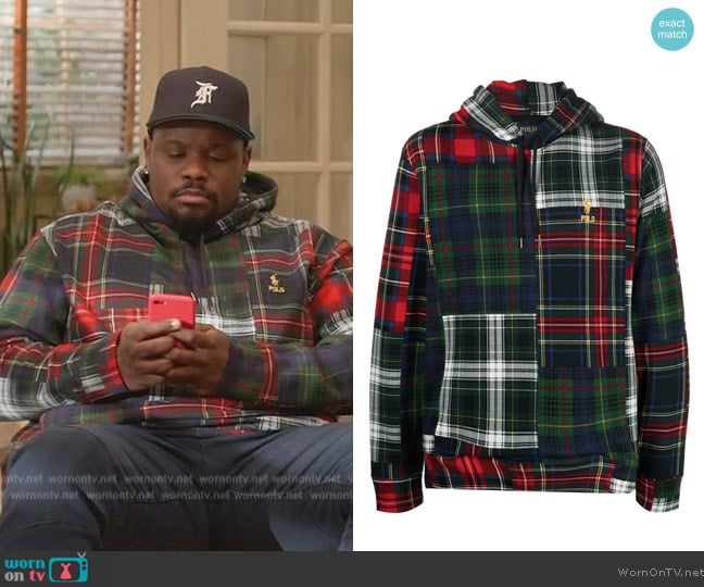 Ralph Lauren Patchwork-plaid drawstring hoodie worn by Sherm Jones (Carl Tart) on Grand Crew