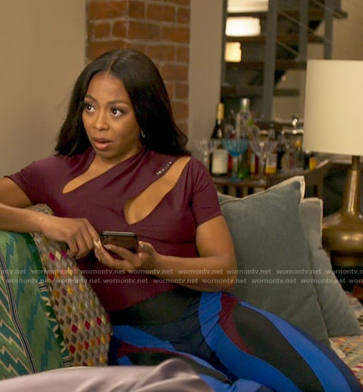 Renee’s burgundy cutout top and leggings on Run the World