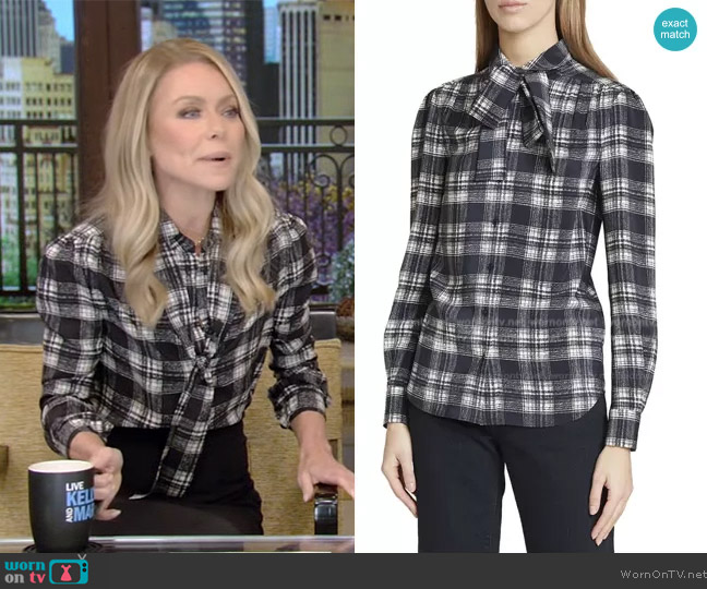 Saint Laurent Plaid Neck-Tie Silk Blouse worn by Kelly Ripa on Live with Kelly and Mark