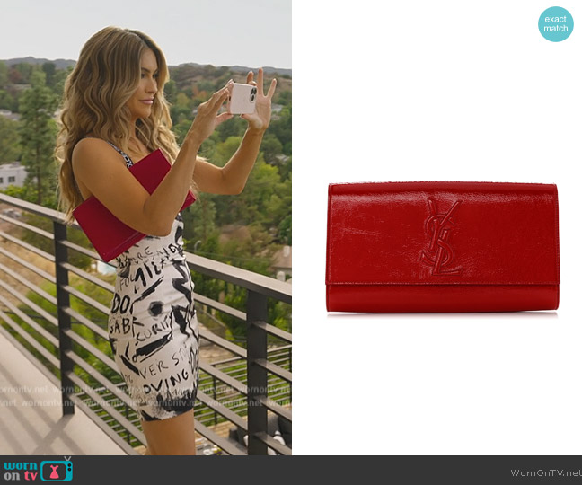 Saint Laurent Textured Patent Monogram Large Belle De Jour Clutch worn by Chrishell Stause on Selling Sunset