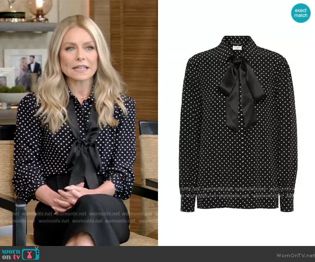 Saint Laurent Tie-Neck Polka-Dot Silk Blouse worn by Kelly Ripa on Live with Kelly and Mark