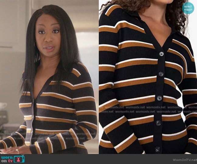 Sanctuary Your Love Striped Button-Front Cardigan worn by (Maya Lynne Robinson) on Grand Crew