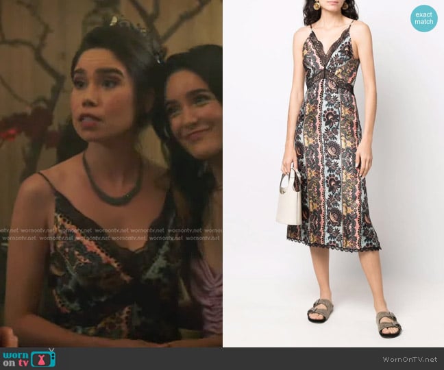 Sandro Luana Graphic-print Silk Midi Dress in Black/Pink worn by Addy (Rachel Colwell) on Nancy Drew