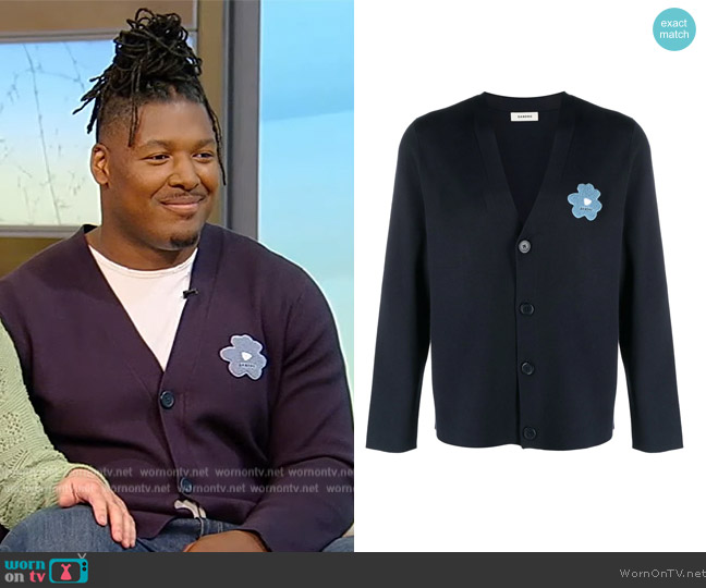 Sandro Flower-appliqué V-neck cardigan worn by RK Russell on Tamron Hall Show