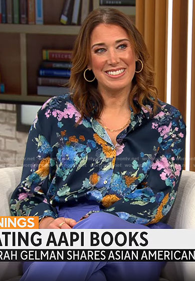 Sarah Gelman’s blue floral button down blouse on CBS Mornings