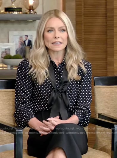 Kelly’s black polka dot print blouse on Live with Kelly and Mark