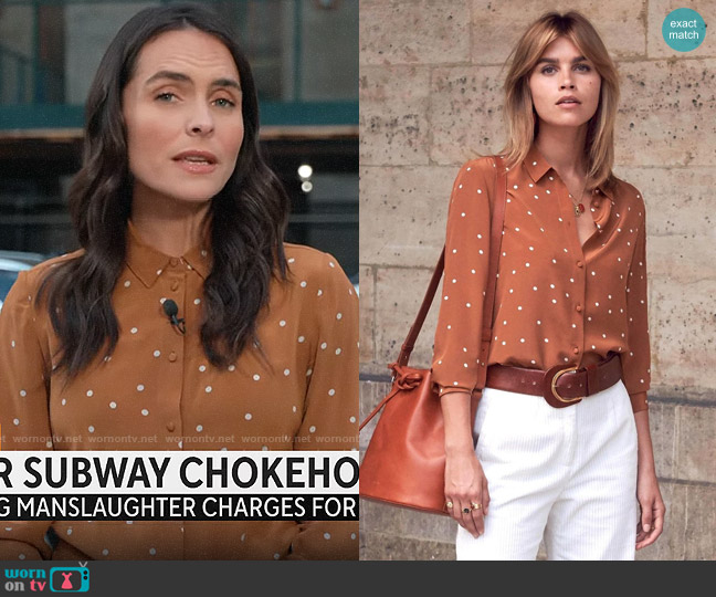Sezane Pierro Shirt in Printed Ocher Peas worn by Lilia Luciano on CBS Mornings