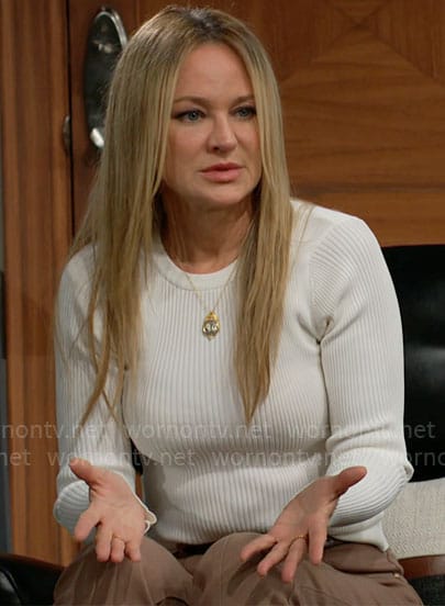 Sharon’s white rib knit sweater on The Young and the Restless