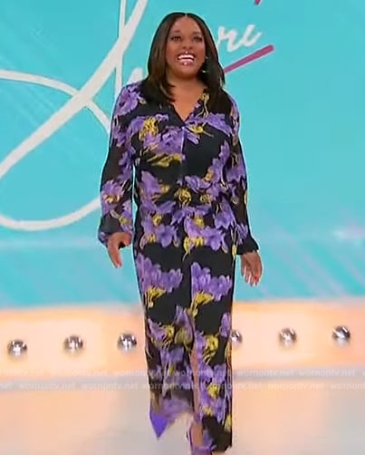 Sherri’s black floral print ruched maxi dress on Sherri
