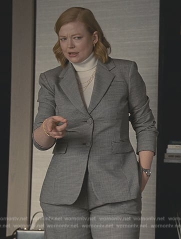 Shiv’s gray plaid blazer and pants on Succession