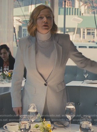 Shiv’s blue turtleneck and blazer on Succession