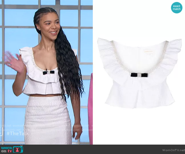 Shushu/Tong Embellished Ruffled Cloque Crop Top worn by India Amarteifio on The Talk