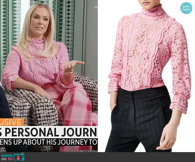 Smythe Scalloped Sheer Cotton Blend Lace Top worn by Cassie Kelley on CBS Mornings