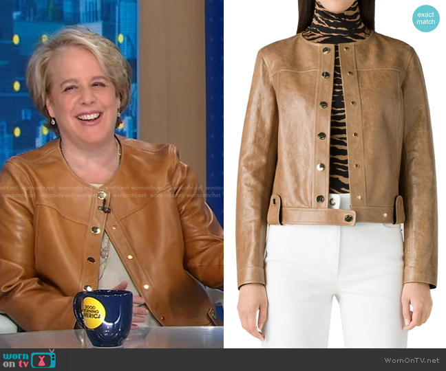 St. John Snap Detail Leather Jacket in Camel worn by Roberta Kaplan on Good Morning America