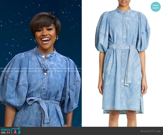 Stella McCartney Puff Sleeve Crinkled Denim Shirtdress worn by Ariana DeBose on Good Morning America