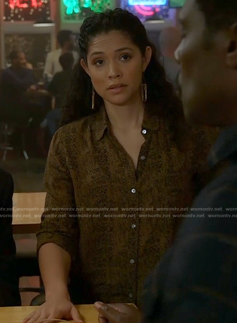 Stella’s snake print button down shirt on Chicago Fire