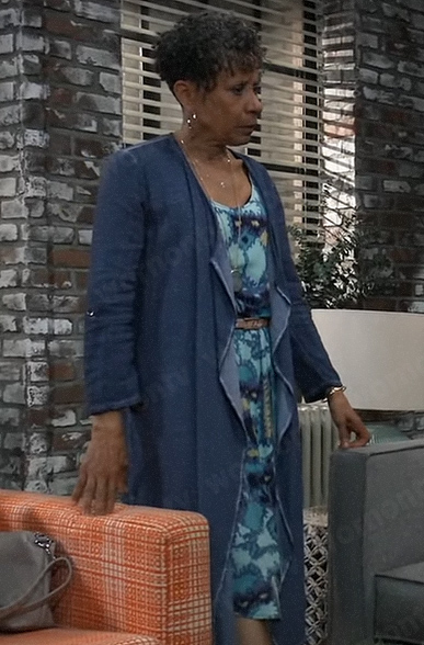 Stella’s turquoise printed dress and long blue cardigan on General Hospital