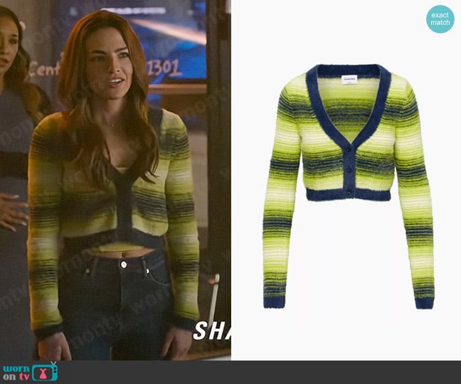 Sunday Best Reese Cardigan in Gleeful Grn/Ttl Eclps worn by Allegra Garcia (Kayla Compton) on The Flash