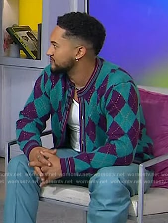Tahj Mowry’s blue argyle knit cardigan by Today