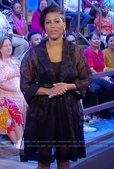 Tamron’s black sheer floral dress on Tamron Hall Show