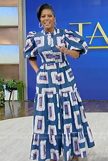 Tamron’s blue printed puff sleeve dress on Tamron Hall Show