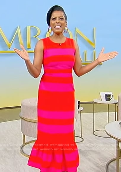 Tamron’s red stripe sleeveless dress on Tamron Hall Show