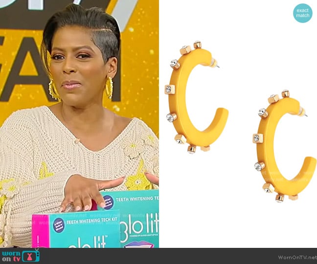 Jennifer Miller Yellow Studded Hoop Earrings worn by Tamron Hall on Tamron Hall Show